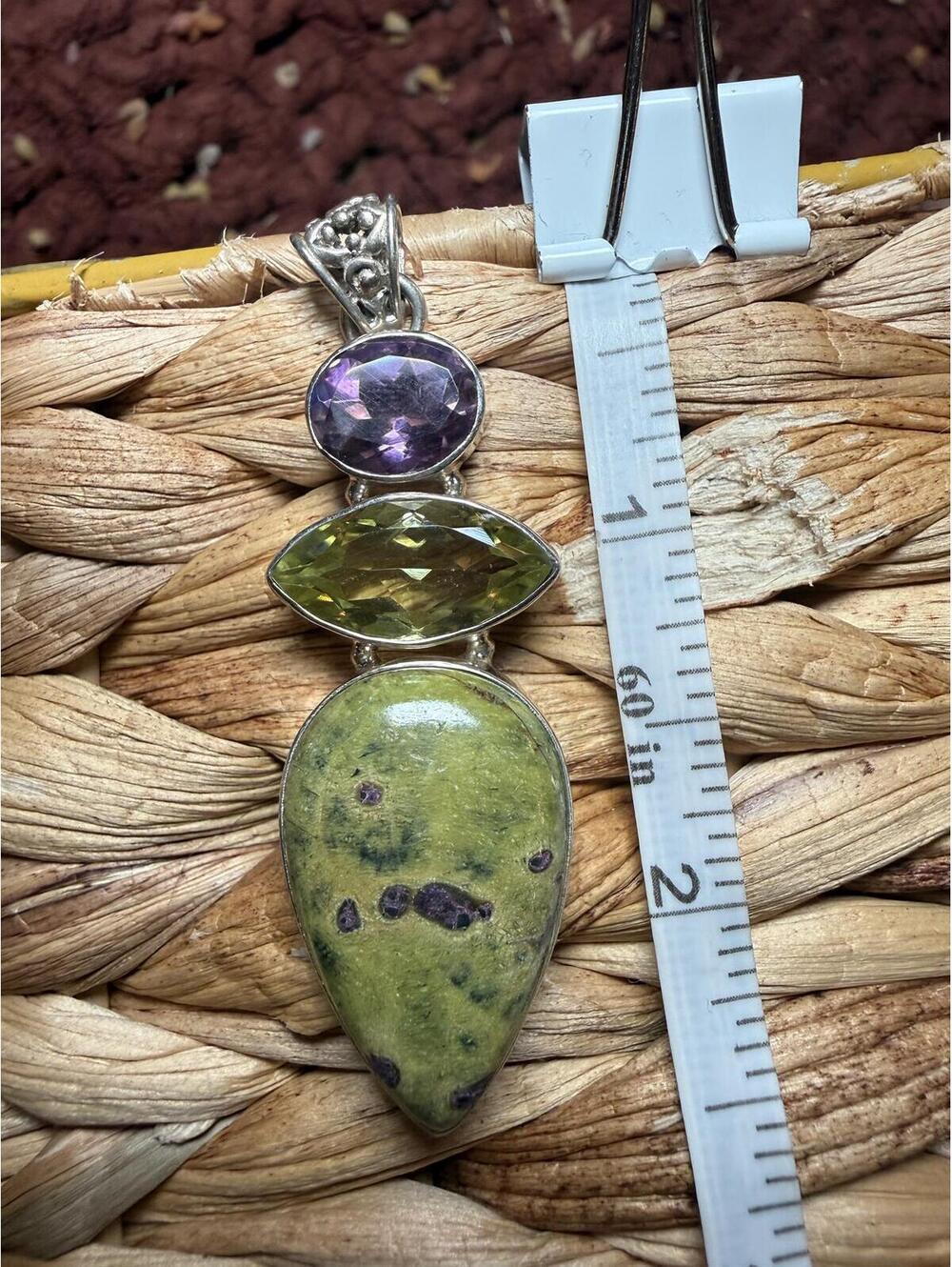 Stichtite in Serpentine Pendant w/ Amethyst & Green Amethyst sterling